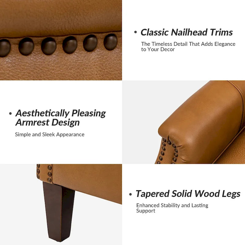Fauteuil club chesterfield en cuir véritable avec clous, pieds en bois fuselés, marron