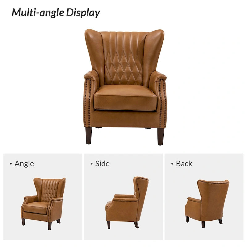 Fauteuil club chesterfield en cuir véritable avec clous, pieds en bois fuselés, marron