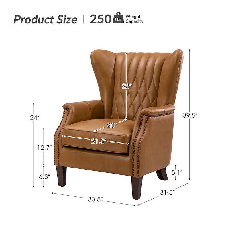 Fauteuil club chesterfield en cuir véritable avec clous, pieds en bois fuselés, marron
