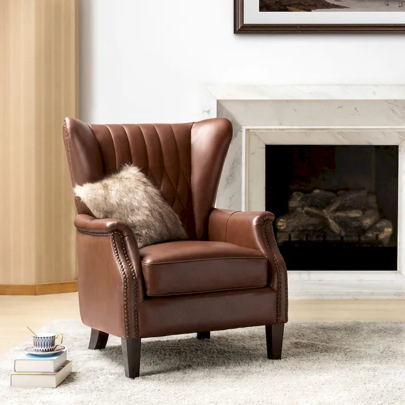 Fauteuil club chesterfield en cuir véritable avec clous, pieds en bois fuselés, marron