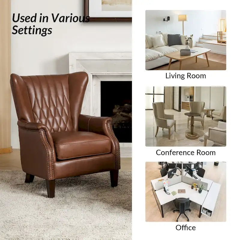 Fauteuil club chesterfield en cuir véritable avec clous, pieds en bois fuselés, marron