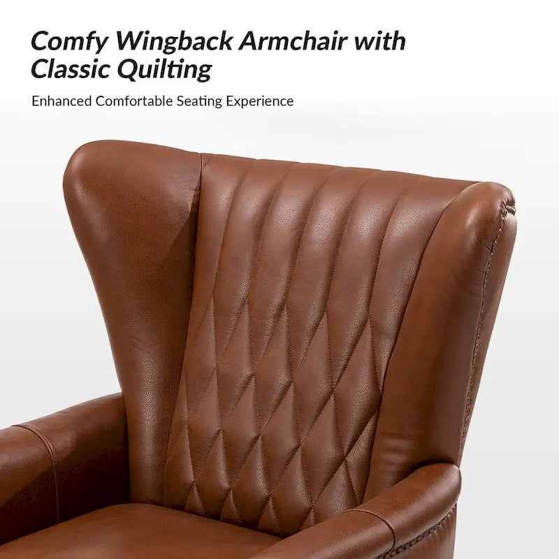 Fauteuil club chesterfield en cuir véritable avec clous, pieds en bois fuselés, marron