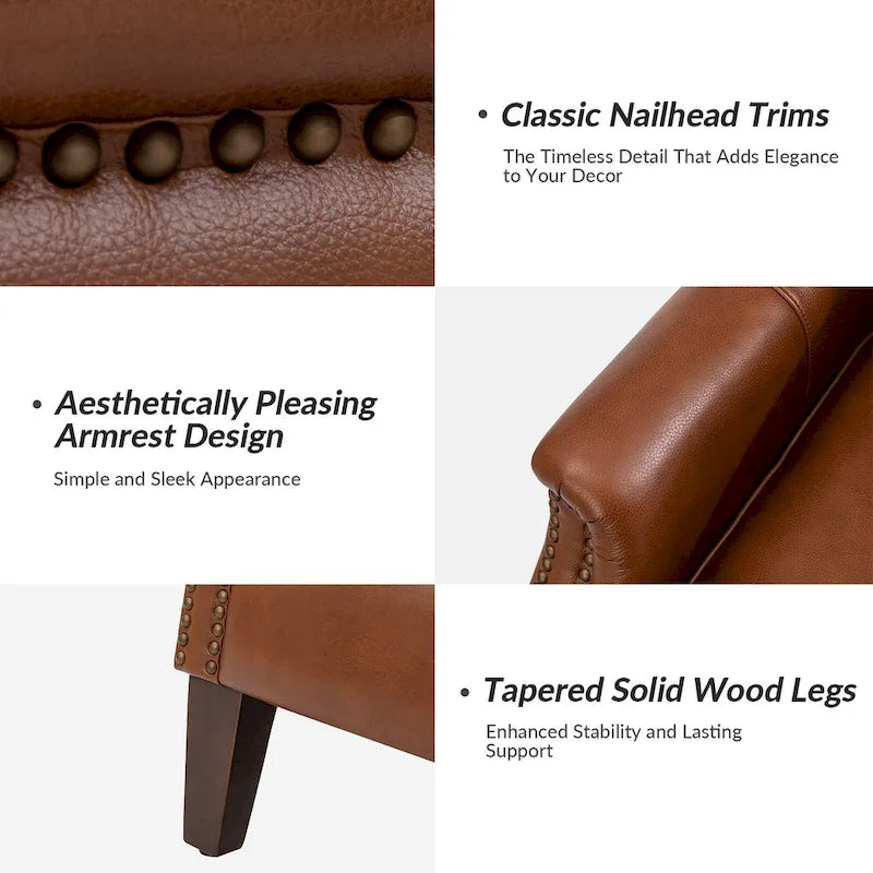 Fauteuil club chesterfield en cuir véritable avec clous, pieds en bois fuselés, marron
