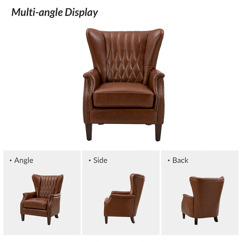 Fauteuil club chesterfield en cuir véritable avec clous, pieds en bois fuselés, marron