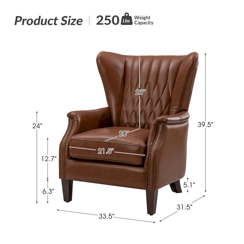 Fauteuil club chesterfield en cuir véritable avec clous, pieds en bois fuselés, marron