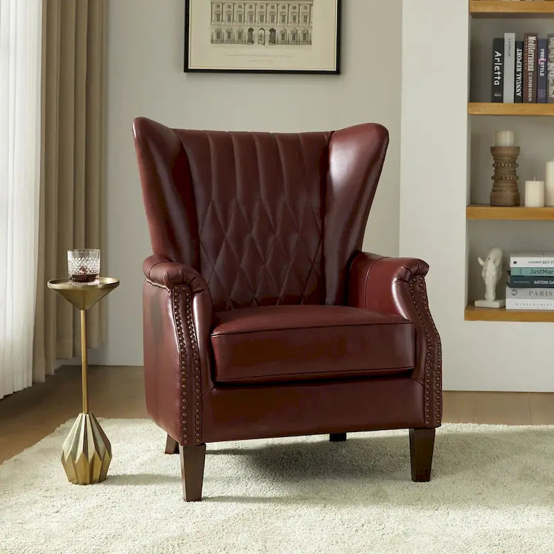 Fauteuil club chesterfield en cuir véritable avec clous, pieds en bois fuselés, marron