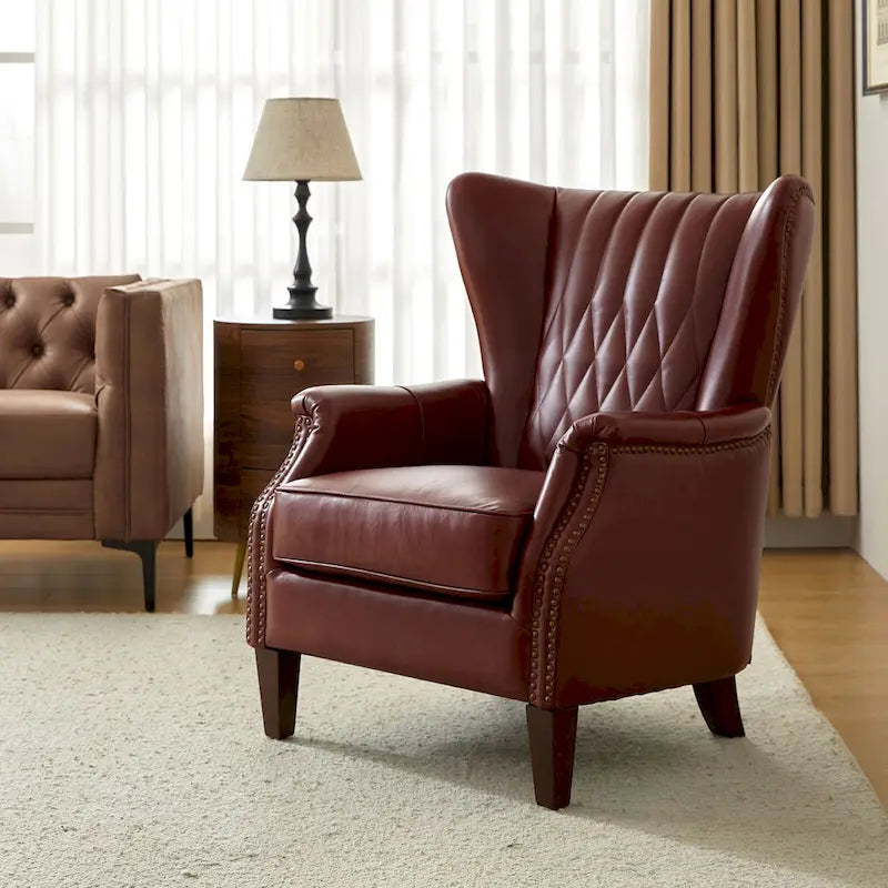 Fauteuil club chesterfield en cuir véritable avec clous, pieds en bois fuselés, marron