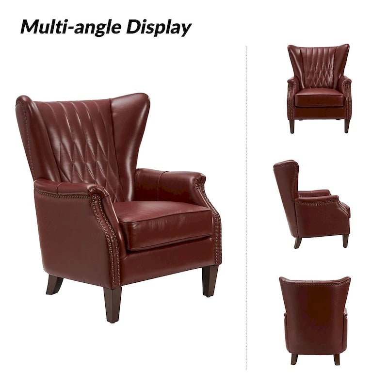 Fauteuil club chesterfield en cuir véritable avec clous, pieds en bois fuselés, marron
