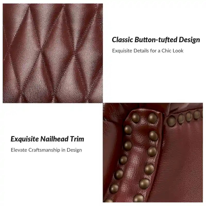 Fauteuil club chesterfield en cuir véritable avec clous, pieds en bois fuselés, marron
