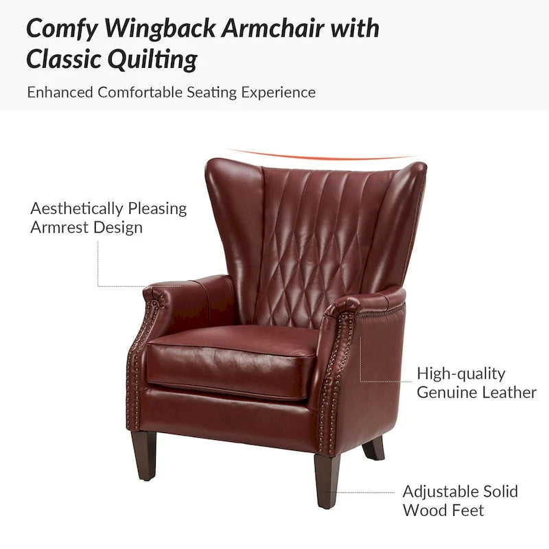 Fauteuil club chesterfield en cuir véritable avec clous, pieds en bois fuselés, marron