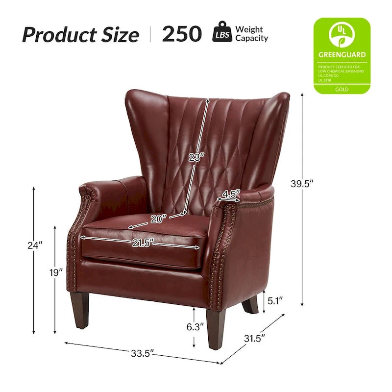 Fauteuil club chesterfield en cuir véritable avec clous, pieds en bois fuselés, marron