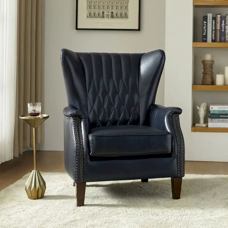 Fauteuil club chesterfield en cuir véritable avec clous, pieds en bois fuselés, marron