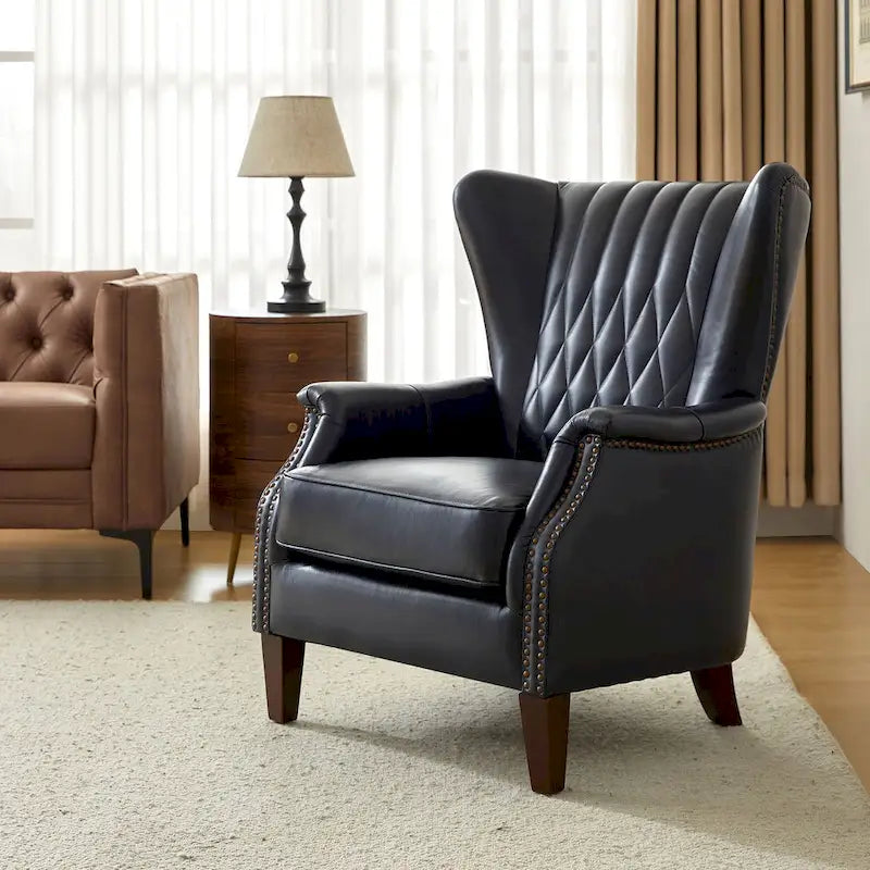Fauteuil club chesterfield en cuir véritable avec clous, pieds en bois fuselés, marron