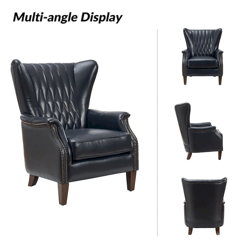 Fauteuil club chesterfield en cuir véritable avec clous, pieds en bois fuselés, marron