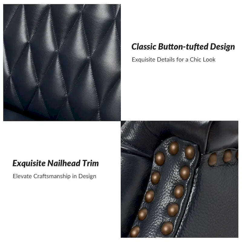 Fauteuil club chesterfield en cuir véritable avec clous, pieds en bois fuselés, marron