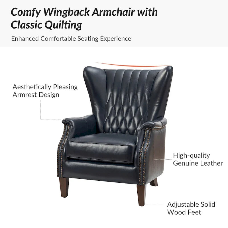 Fauteuil club chesterfield en cuir véritable avec clous, pieds en bois fuselés, marron