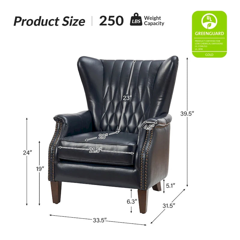 Fauteuil club chesterfield en cuir véritable avec clous, pieds en bois fuselés, marron