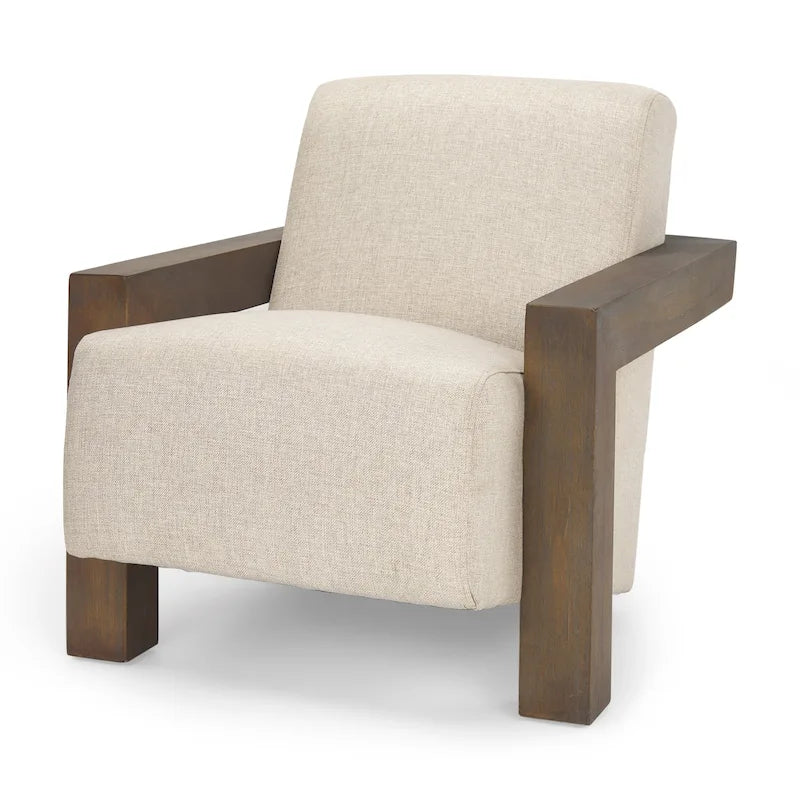 Fauteuil d'appoint rembourré en tissu beige avec structure en bois massif pour salon