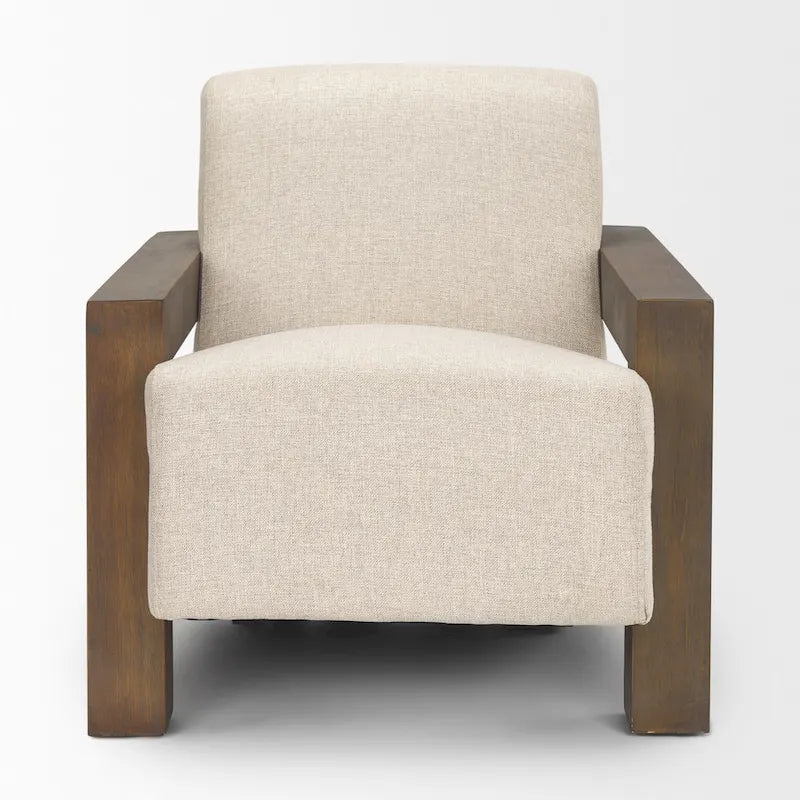 Fauteuil d'appoint rembourré en tissu beige avec structure en bois massif pour salon