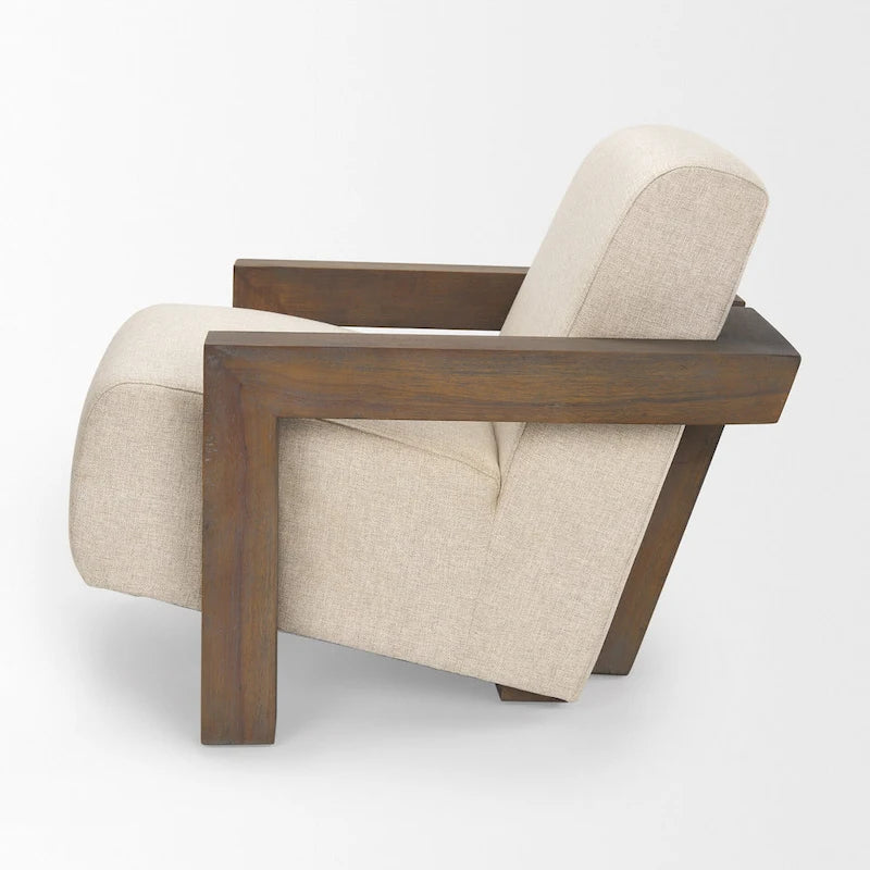Fauteuil d'appoint rembourré en tissu beige avec structure en bois massif pour salon