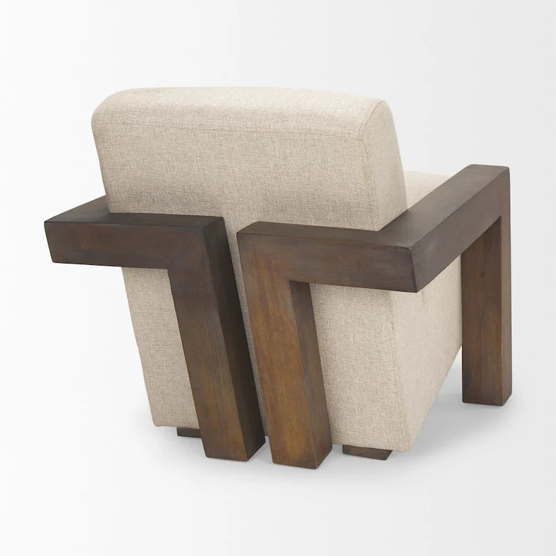 Fauteuil d'appoint rembourré en tissu beige avec structure en bois massif pour salon