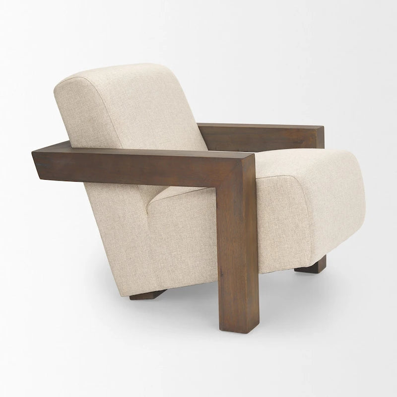 Fauteuil d'appoint rembourré en tissu beige avec structure en bois massif pour salon