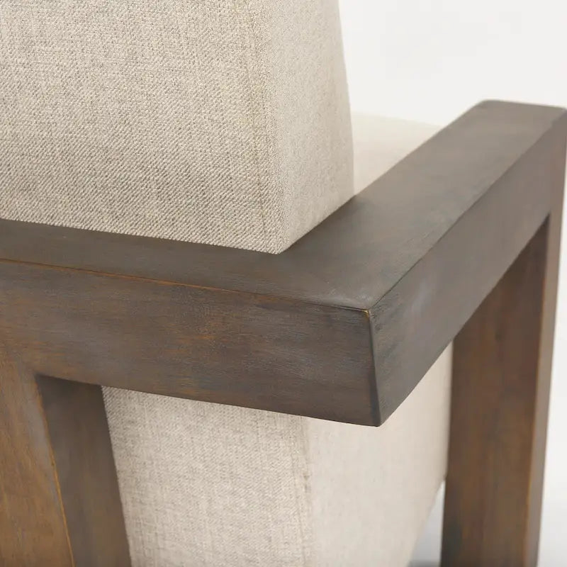 Fauteuil d'appoint rembourré en tissu beige avec structure en bois massif pour salon