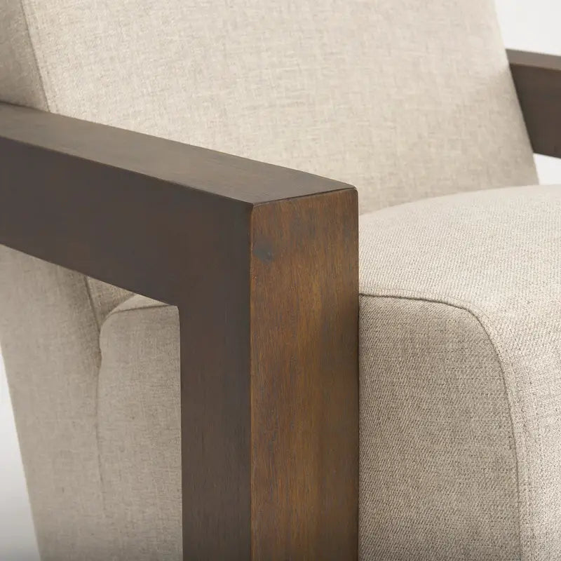 Fauteuil d'appoint rembourré en tissu beige avec structure en bois massif pour salon