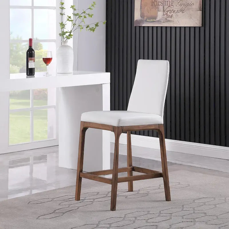 Modern Contour Back Counter Stool White Faux Leather Solid Wood Legs