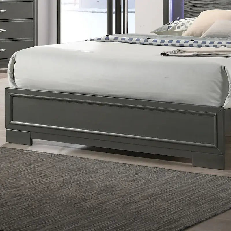 Lit plate-forme contemporain gris métallique en bois avec tête de lit éclairée par LED