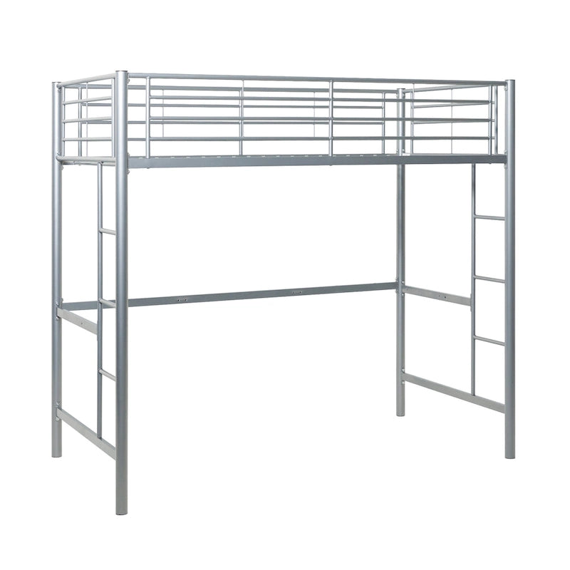 Silver Metal Twin Loft Bed with Dual Ladders and Full Guardrails