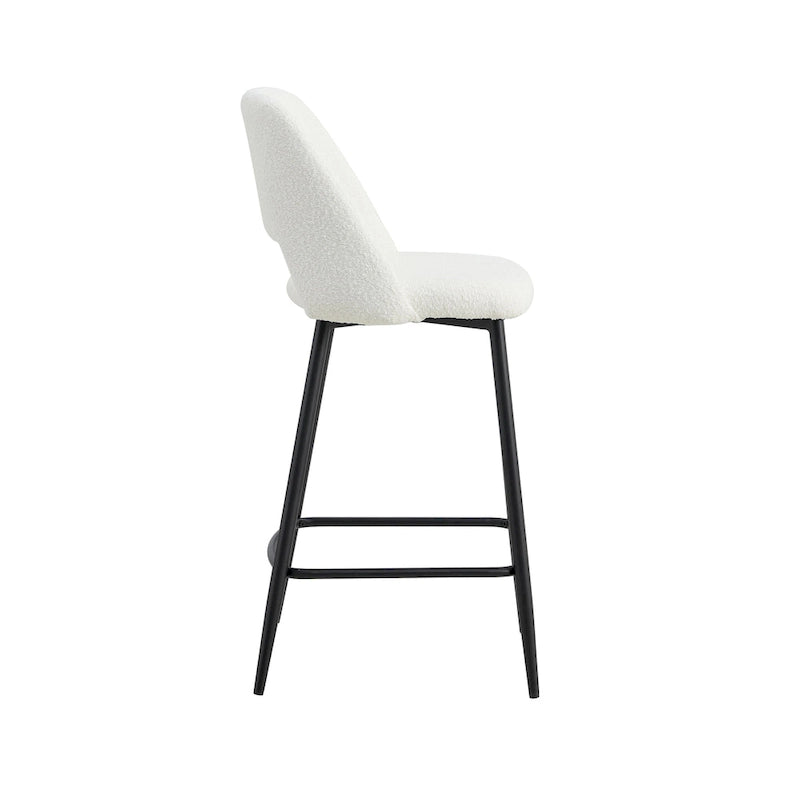 Tabouret de comptoir en bouclette blanche avec dossier incurvé et pieds noirs
