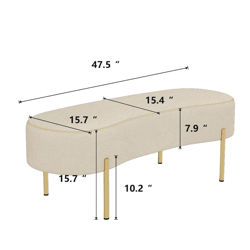 Banc de repose-pieds rembourré en forme de rein avec pieds dorés, beige