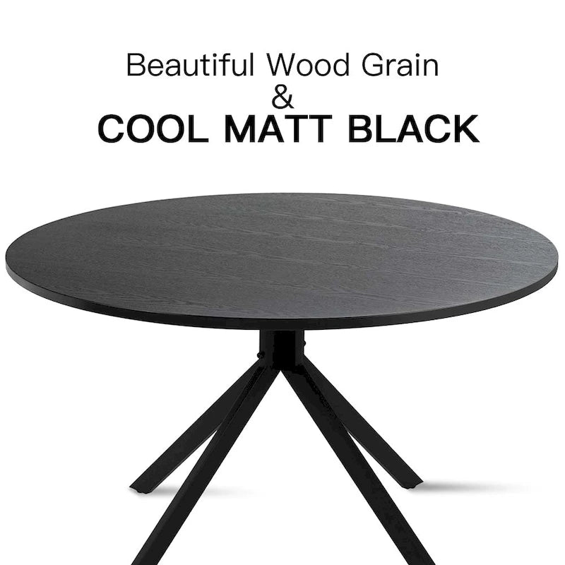 Table à manger ronde moderne noire avec plateau en bois de chêne et base en métal