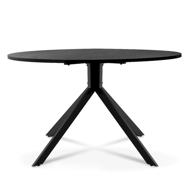 Table à manger ronde moderne noire avec plateau en bois de chêne et base en métal
