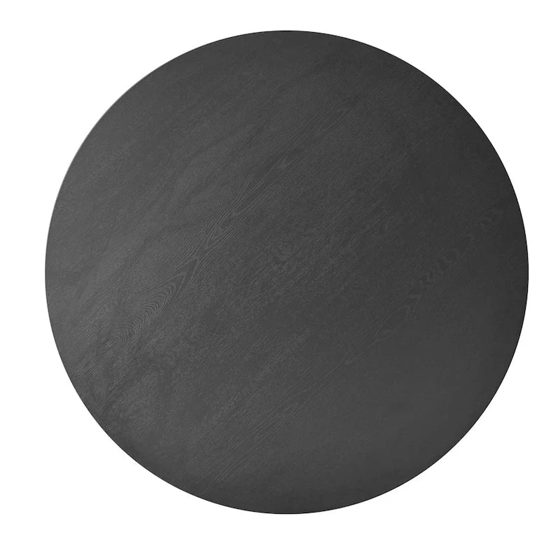 Table à manger ronde moderne noire avec plateau en bois de chêne et base en métal