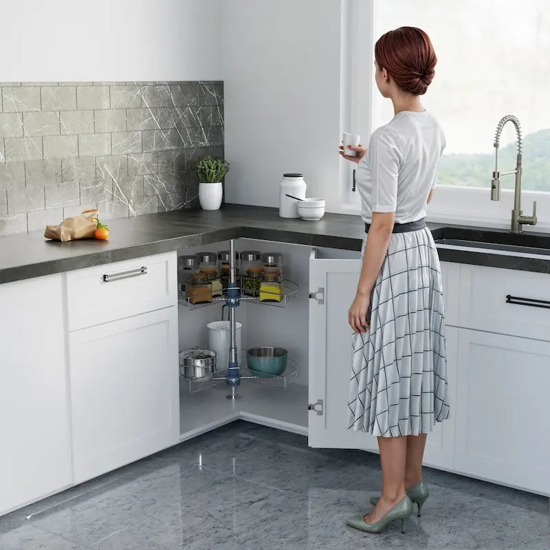 Meuble d'angle tournant Lazy Susan double étagère acier inoxydable gris