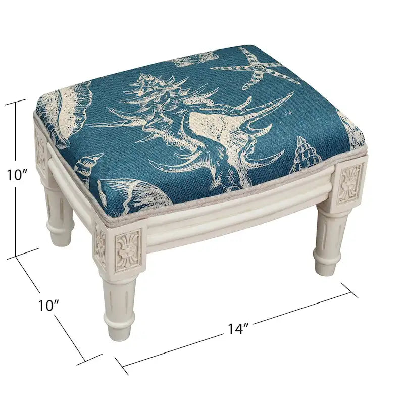 Petit repose-pieds classique rembourré en lin bleu marine à motif coquillages