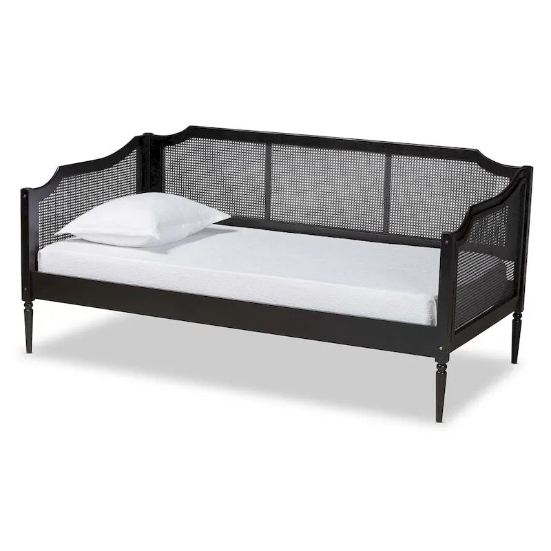 Lit de repos en rotin synthétique charbon de bois noir Mid-Century Modern avec pieds tournés et support à lattes