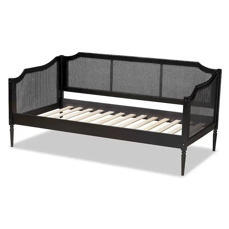 Lit de repos en rotin synthétique charbon de bois noir Mid-Century Modern avec pieds tournés et support à lattes
