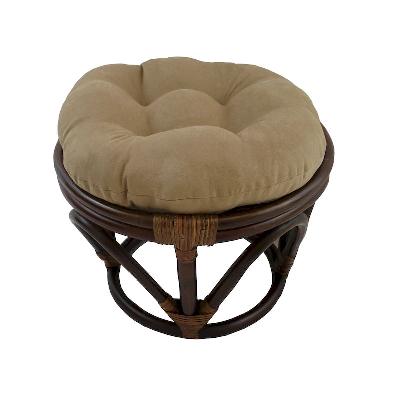 Repose-pieds ottoman rond touffeté en rotin avec coussin en microsuède