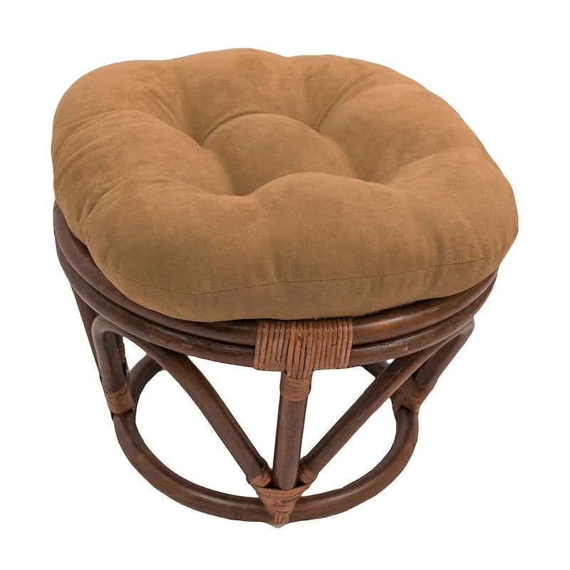 Repose-pieds ottoman rond touffeté en rotin avec coussin en microsuède
