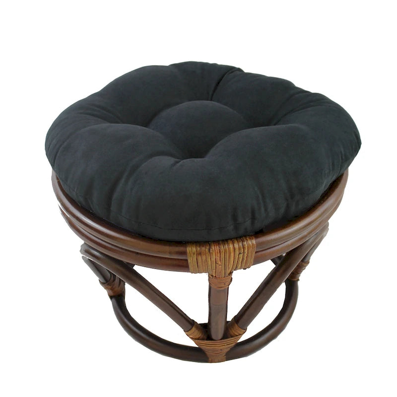 Repose-pieds ottoman rond touffeté en rotin avec coussin en microsuède