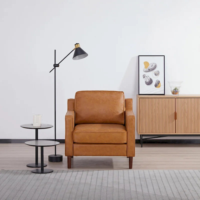 Modern Upholstered Accent Armchair Faux Linen Vegan Leather Living Room Lounge Chair