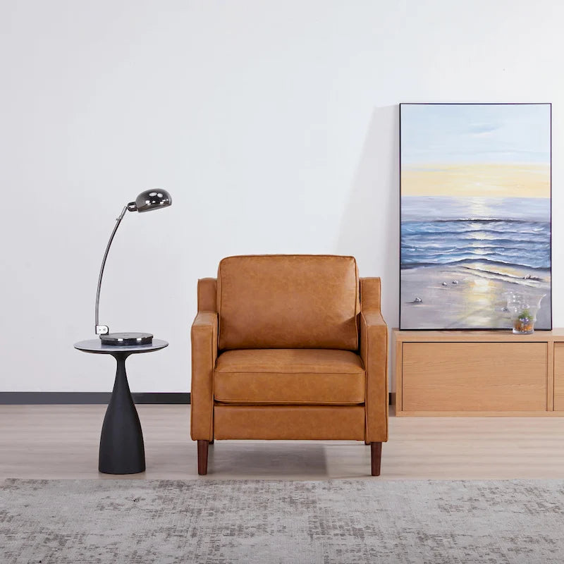 Modern Upholstered Accent Armchair Faux Linen Vegan Leather Living Room Lounge Chair