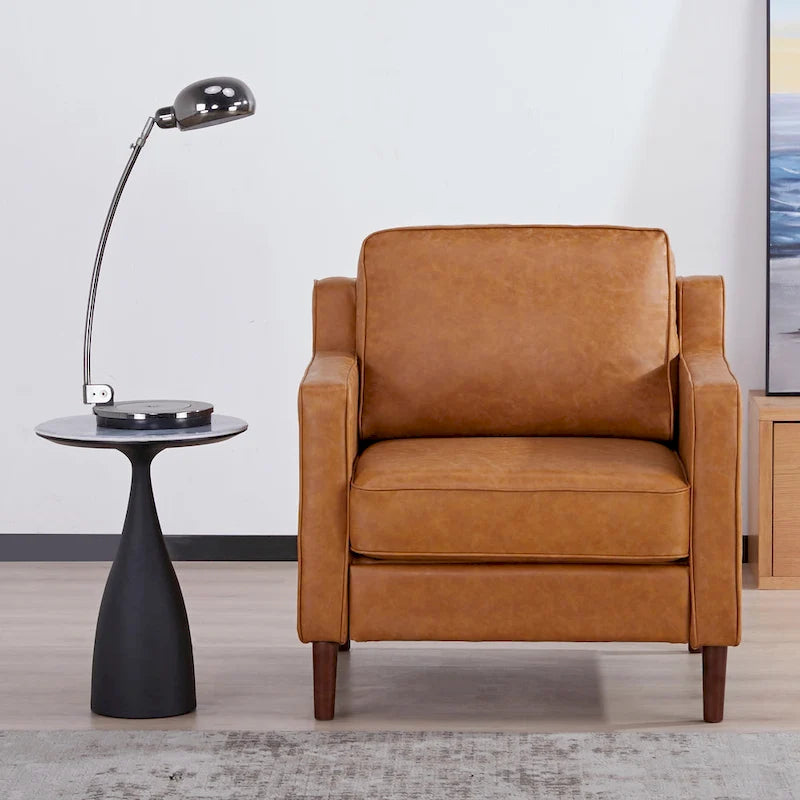 Modern Upholstered Accent Armchair Faux Linen Vegan Leather Living Room Lounge Chair