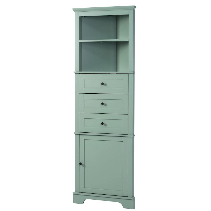 Tall Corner Storage Cabinet with 3 Drawers Open Shelf White