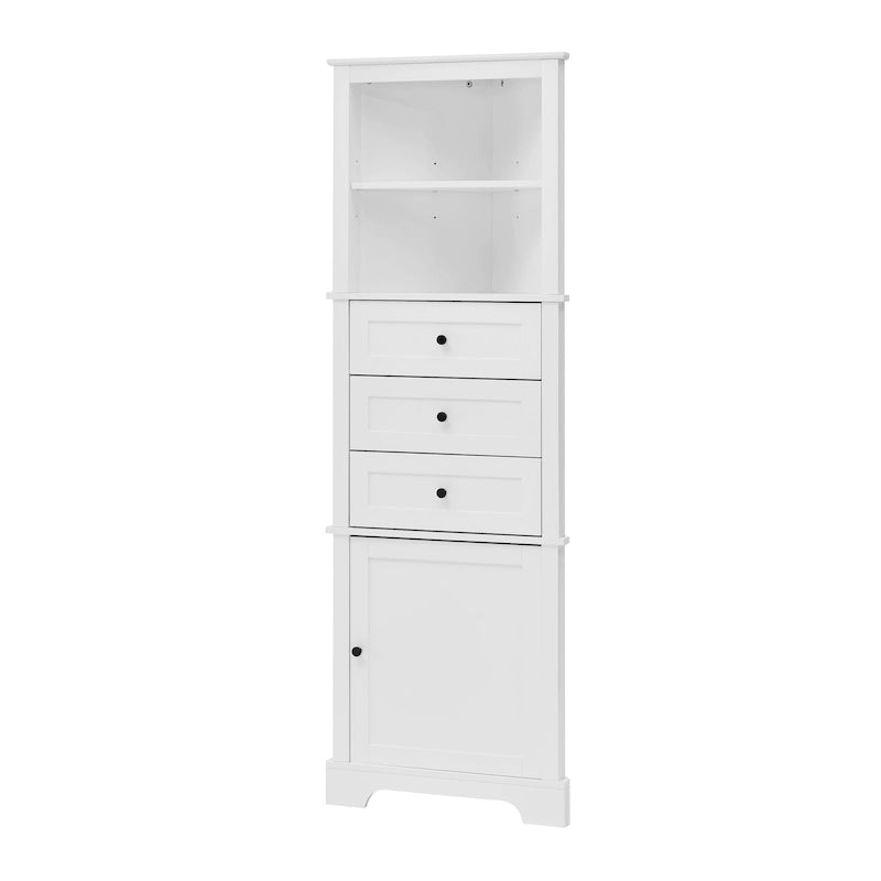 Tall Corner Storage Cabinet with 3 Drawers Open Shelf White