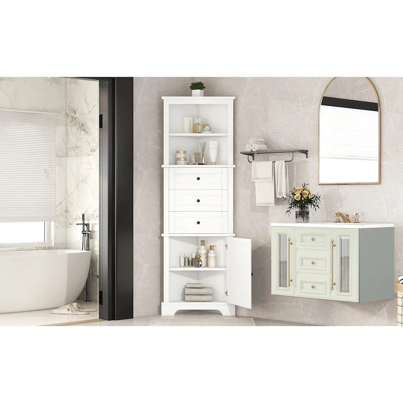 Tall Corner Storage Cabinet with 3 Drawers Open Shelf White