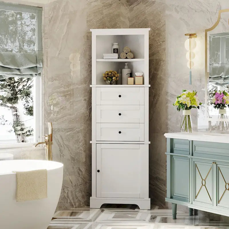 Tall Corner Storage Cabinet with 3 Drawers Open Shelf White